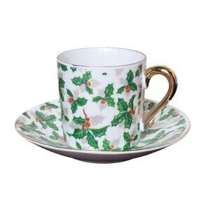 Inarco Holly Berry Porcelain Cup Saucer Set Gold Handle Holiday Christmas Mini